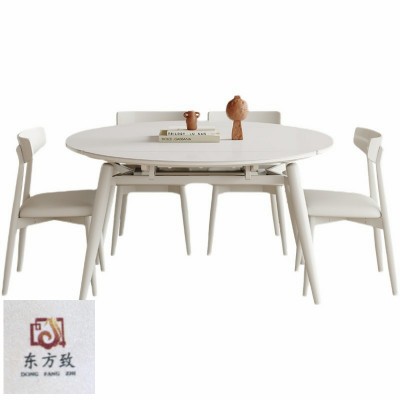 Circular rock board dining table, small household, modern and simple Nordic solid wood cream style, retractable and foldable variable round table